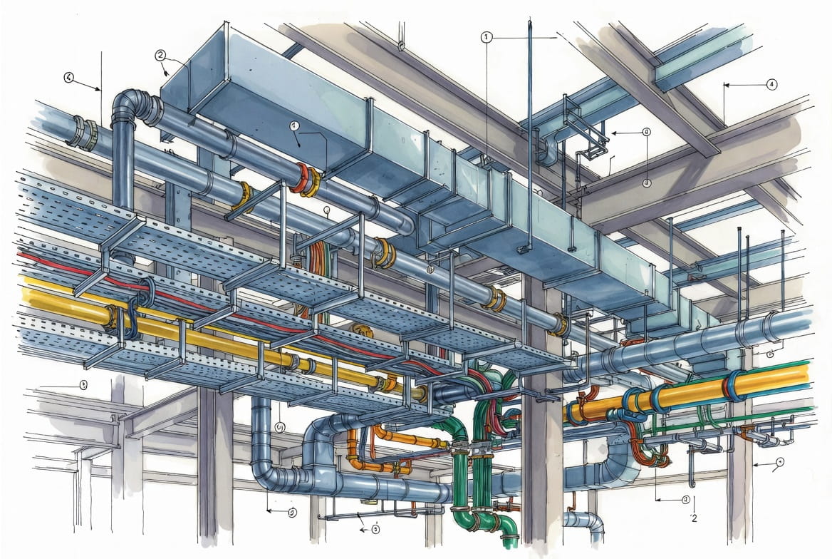 MEP infrastructure—ducts, pipes, cable trays—in building ceiling, illustrating BIM design for mechanical, electrical, and plumbing systems