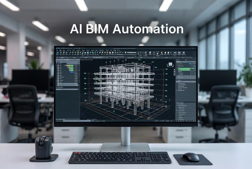 AI BIM Automation—workstation with BIM software displaying 3D wireframe building model