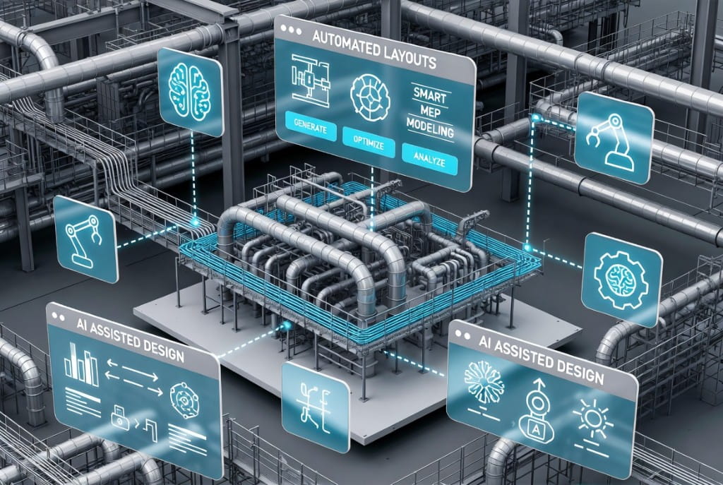 AI assisted design with automated layouts, smart MEP modeling, generate and optimize controls over industrial piping systems