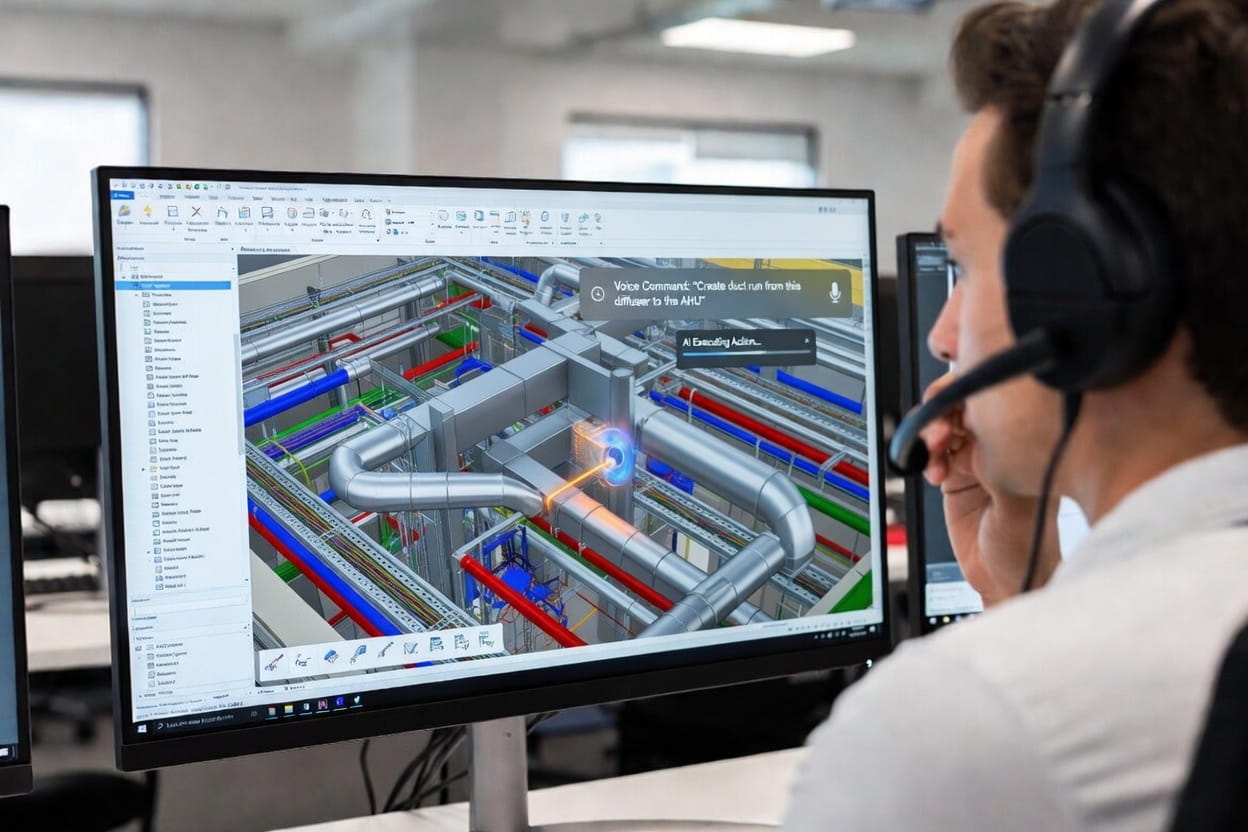 Engineer using voice commands in Revit—headset, BIM interface with MEP ducts and pipes, voice command overlay showing 'Create duct run from this diffuser to the AHU'