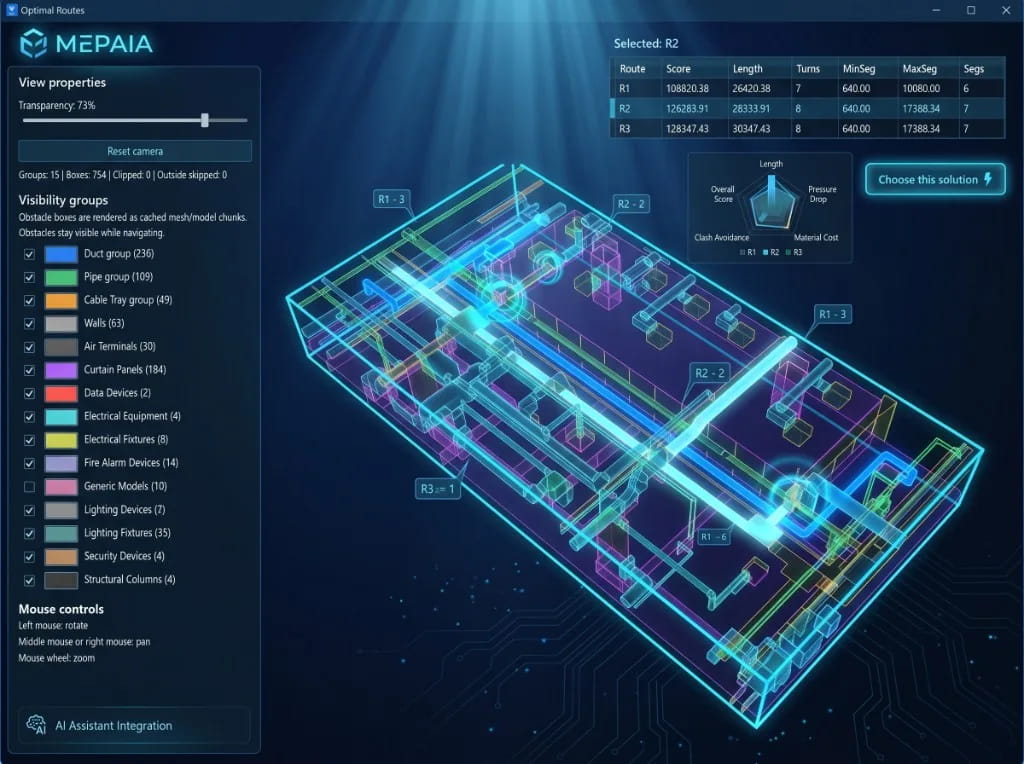 MEPAIA Optimal Routes interface with route comparison and 3D viewer
